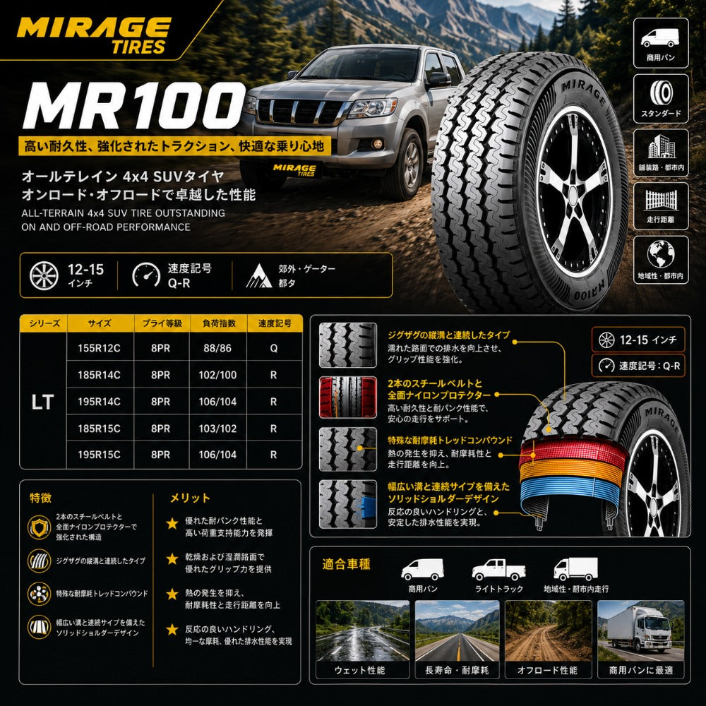 MR100 ライトトラックタイヤ 2本セット｜商用バン・小型トラック用 高耐久タイヤ